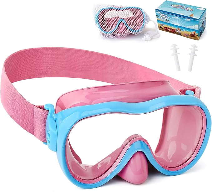 Kids Swim Goggles 180° Snorkel Diving Mask with Nose Cover, Anti-Fog Kids Swimming Goggles with Elastic Fabric Strap for Kids Boys Girls