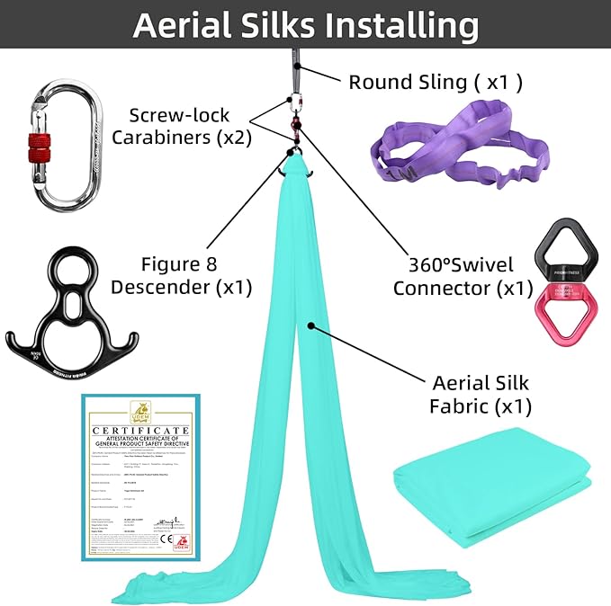 PRIOR FITNESS Aerial Silks Kit Colorful 9/15/20 Yards 40D Nylon Fabric Hammock Set With Hardware & Guide for All Levels Of Aerial Yoga Practice and Acrobatic Flying For Adults Aerial silk
