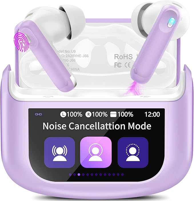 Wireless Earbuds, Bluetooth 5.4 Headphones with Multifunctional Touch Screen, 48H Bass Stereo Ear Buds with ANC/ENC Noise Cancelling/Transparency Mode, IPX7 Earphones with 5 EQ Modes, Purple