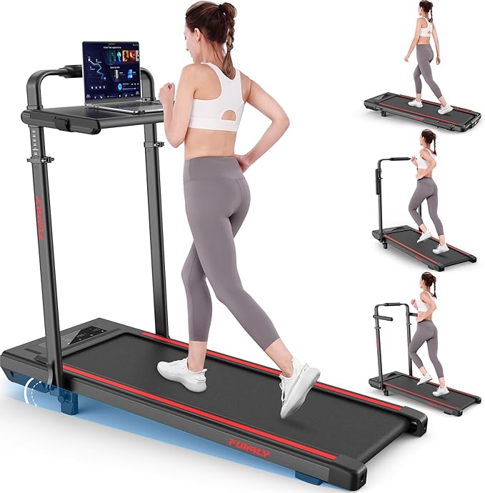 Walking Pad Treadmill with Desk Workstation, 10% Incline Foldable Treadmill with Handrail, 300lbs Capacity, 3 Control Methods, 8 in 1 Folding Treadmills for Home Office