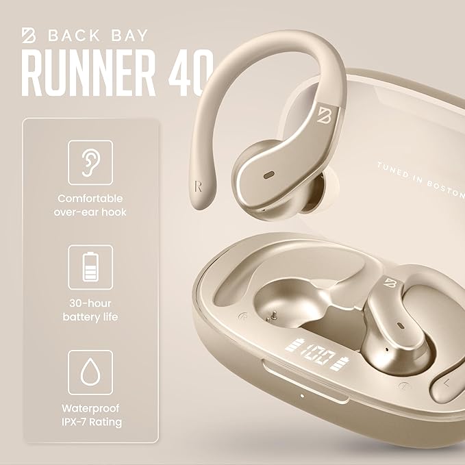 Back Bay Audio - Runner's Wireless Earbuds Bluetooth Headphones for Sports, Hook Over The Ear Buds, Deep Bass, Wrap Around Earphones with Earhooks for Running, Workout Wireless Headphones for The Gym
