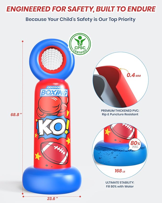 Inflatable Punching Bag for Kids, 2-in-1 Freestanding Boxing Bag with Football Toss Game, 68.8'' Heavy Duty Karate Taekwondo Toy for Boys Girls Ages 3-12, Birthday Ideas