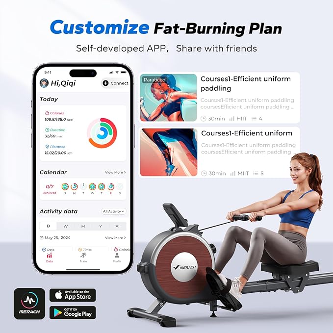 MERACH Rowing Machines for Home, Magnetic Rowing Machine with 16 Levels, Rower Machine of Quiet Resistance, Dual Slide Rail with Max 350lbs Weight Capacity, App Compatible