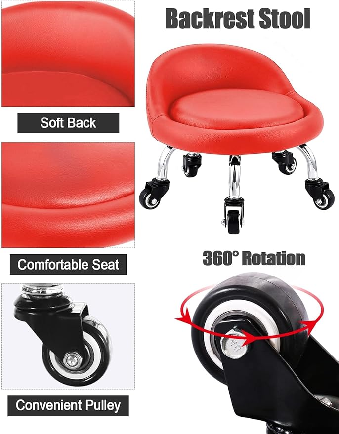 Lanstics Low Rolling Stool with Leather Roller Seat and Backrest - Universal Wheels for Home Office and Fitness (Red)
