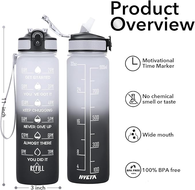 Hyeta 32 oz Water Bottles with Times to Drink and Straw, Motivational Water Bottle with Time Marker, Leakproof, Drinking Sports Water Bottle for Fitness, Gym and Outdoor