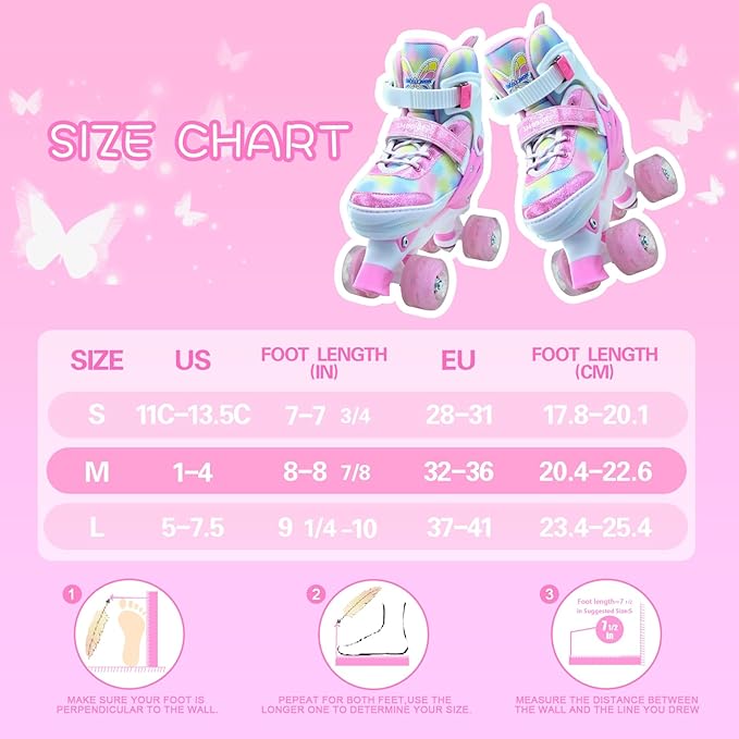 Kids Roller Skates for Girls-Outdoor 4 Size Adjustable Butterfly Quad Rollerskates for Indoor Ages 3-12 Years Beginners Children's Birthday Gift with Light Up Wheels patines para niñas Indoor