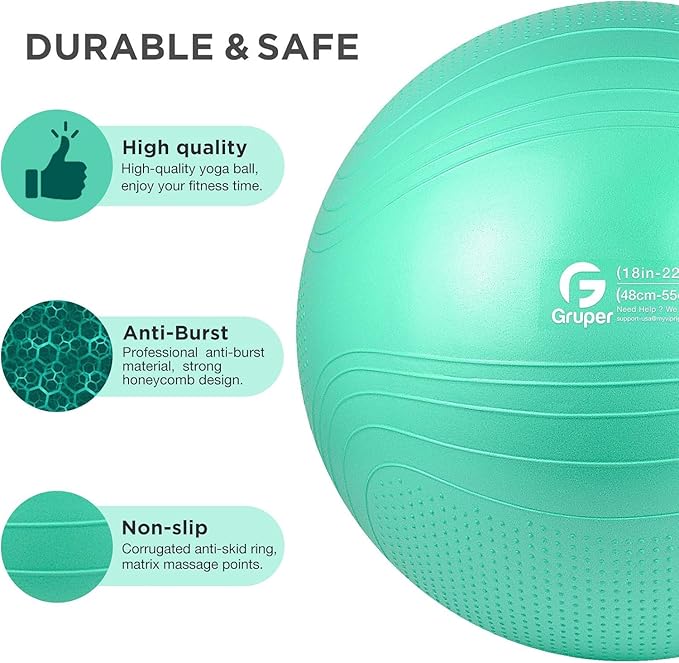 Yoga Ball, 22-30 Inch Extra Thick Exercise Ball for Workout Fitness Balance, Anti Burst Chair for Home and Office Desk, Includes Hand Pump & Workout Guide Access