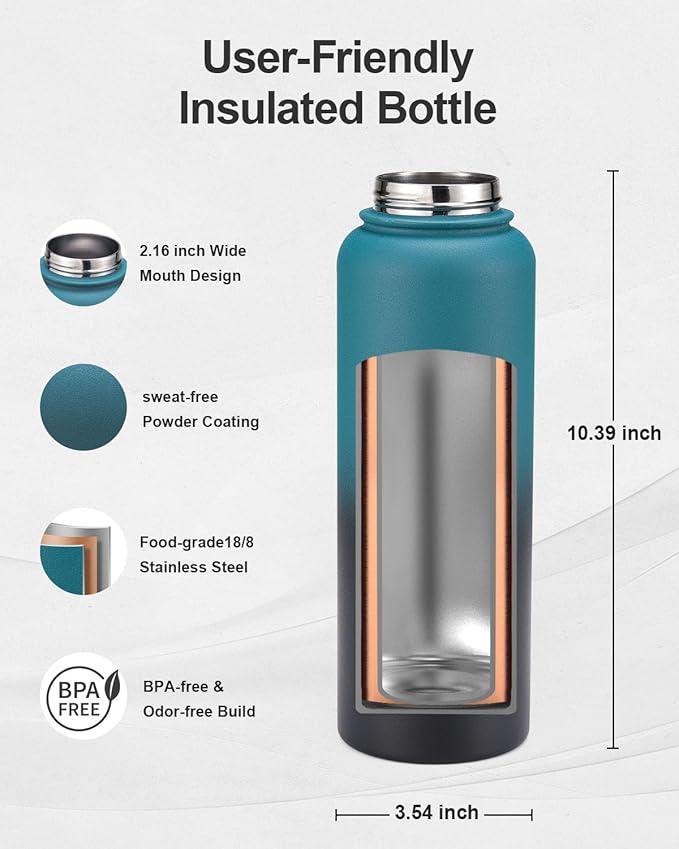 40oz Insulated Water Bottle,Stainless Steel Vacuum Water Bottle, BPA-Free & Leakproof -with Paracord Handle,Strap,Straw Spout Lids,Large Water Jug for Gym Sports