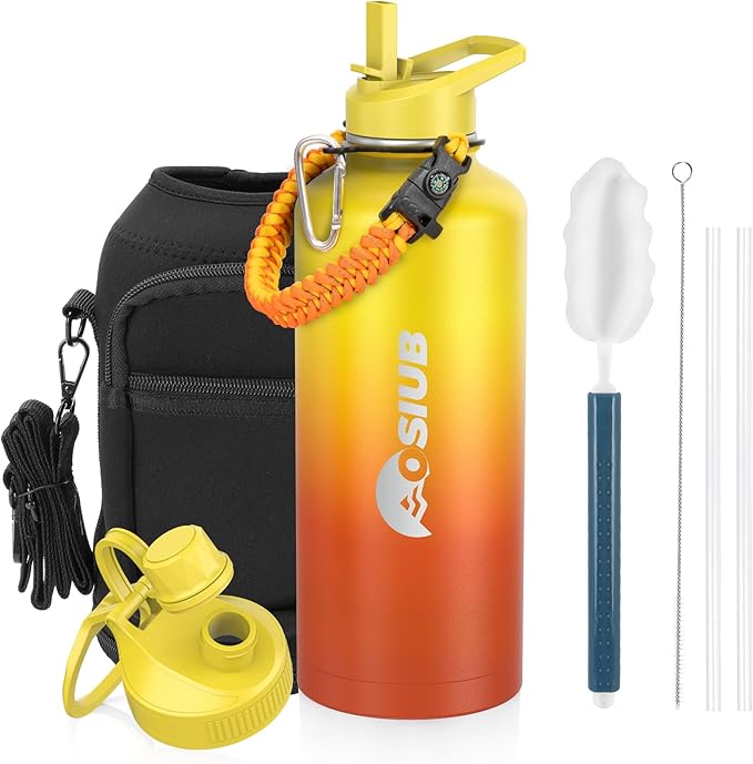 Insulated Water Bottle 87 oz, Triple Wall Vacuum Stainless Steel(Cold for 48 Hrs),Leak Proof & BPA-Free,One Gallon Water Bottle with Reflective Paracord & Flip Straw for Sports & Travel, Sunset