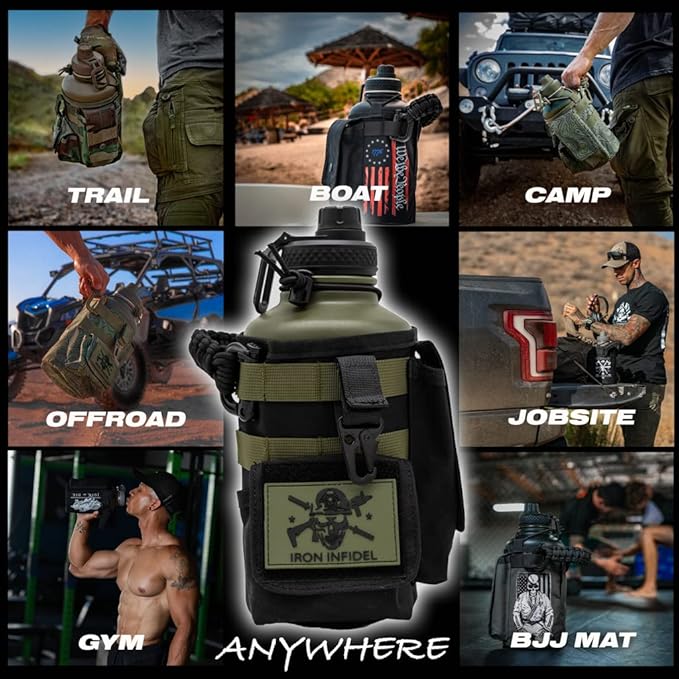 Iron Infidel Battle Bottle - Half Gallon Insulated Water Bottle with Paracord Handle, Large 64 oz Stainless Steel Water Jug with Rugged, Removable Sleeve for Keys, Wallet & Phone (Widowmaker 2L)