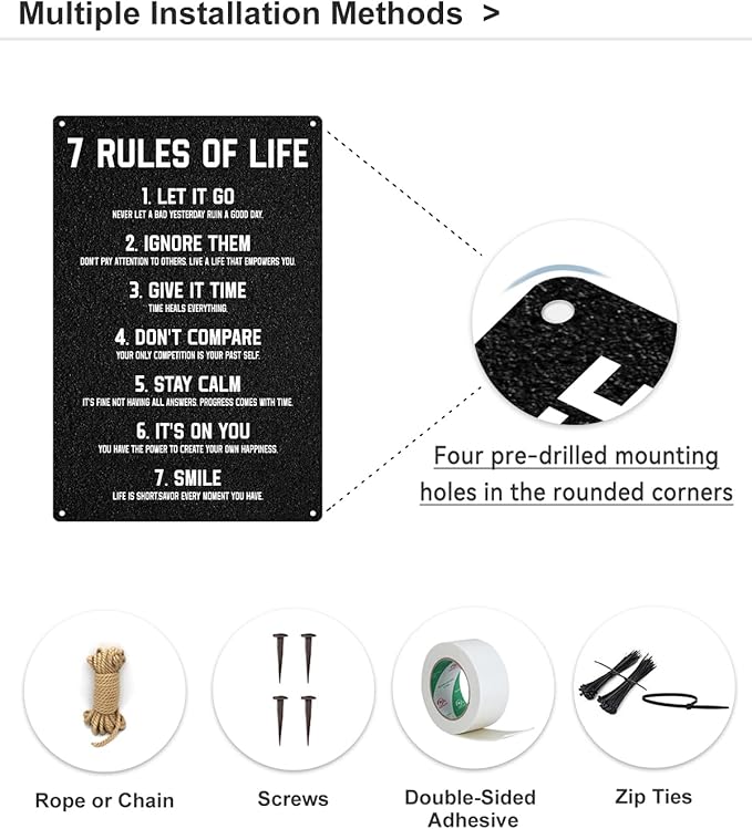 ALKB Inspirational Metal Sign for Teen Bedroom Decor - Motivational Wall Decor for Bedroom Office Girls, Boys, Teenager - 7 Rules of Life 8x12 Inch