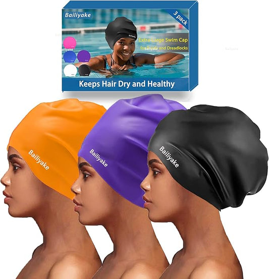 3 Pack Extra Large Swim Cap for Braids & Dreadlocks - Waterproof Silicone Swim Hat for Women with Long Thick Hair, Protective Swim Cap Cover Ears for Swimming, Shower, Bathing