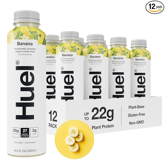 Huel Ready-to-Drink | Banana Meal Replacement Drink | High Protein Drink | Nutritionally Complete, Low Sugar, High Fiber, Plant Based, Vegan, Healthy | 20g Protein Per Bottle, 16.9 Fl Oz (12 Pack)