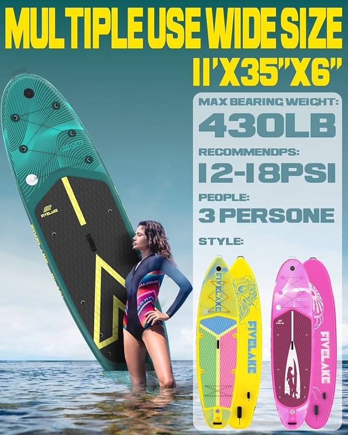 Inflatable Stand Up Paddle Board 11' x 35'' x 6'' Wide Stable Design,SUP Paddleboard Capacity 430lb for Adults Youth 120L Backpack,Carrying Strap,Double Action Pump,Waterproof Bag