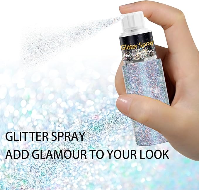 Hair and Body Glitter Spray, Holographic Glitter Highlighter Powder, Face Body Clothes Shiny Glitter, Loose Shimmer Hairspray Festival Rave Prom Accessories, 10g (07# Rainy-Rainbow)