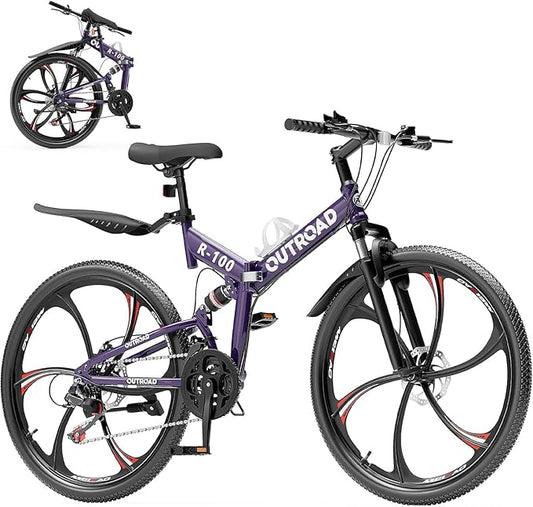 26 Inch Folding Mountain Bike, 21 Speed Full Suspension Bicycle with High-Carbon Steel, Dual Disc Brake Non-Slip Quick Release tire Folding Bicycle for Adults/Men/Women