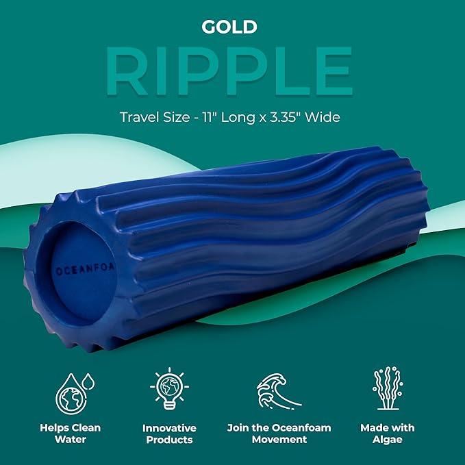 Oceanfoam Ripple Travel Foam Roller (11" x 3.35") Firm Mini Foam Roller for Physical Therapy, Deep Tissue Massage, Back Pain - High Density, Ergonomic Wave Textured - Yoga, Exercise (Royal Blue)