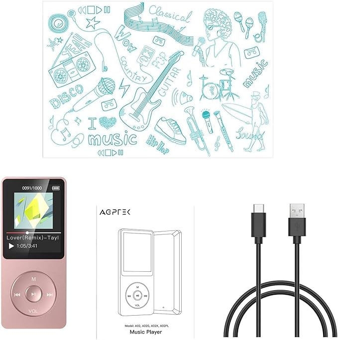 AGPTEK A02PL 64GB MP3 Player, 70 Hours Playback Lossless Sound Music Player, Supports up to 128GB(Rose Gold)