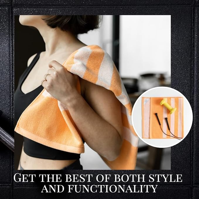 Luzia Striped Workout Towel for Sweat (Pack of 2) - Premium Quality 100% Turkish Cotton - Lightweight and Super Absorbent for Exercise, Sports, Workout, Fitness, Gym, Yoga, Running (Orange)