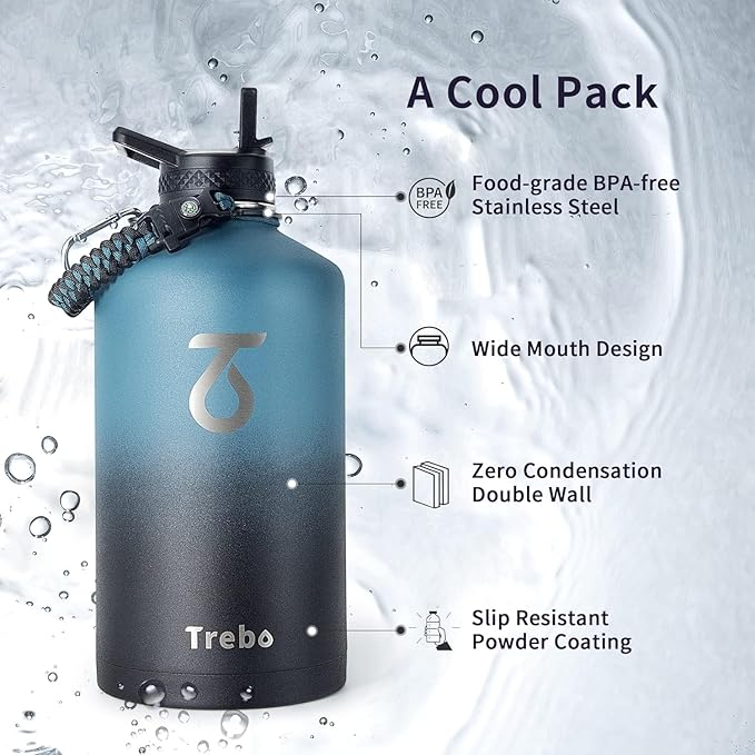 Trebo One Gallon Water Bottle Insulated with Paracord Handle,128oz Large Stainless Steel Water Jug,Vacuum Double Wall Insulated 24hr Cold Retention,Leakproof Flask with 3 Lids,Indigo Black