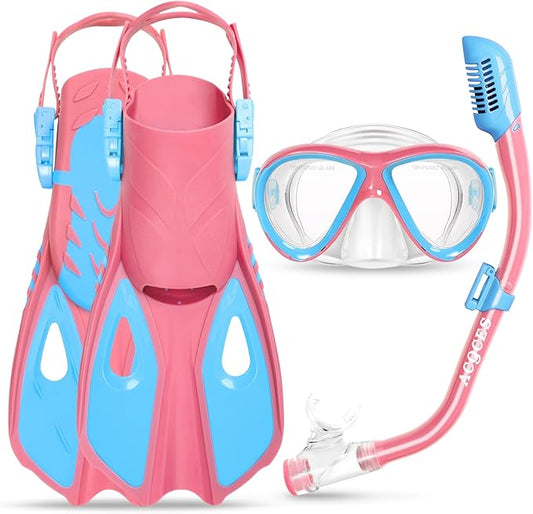 Kids Mask Fins Snorkel Set, Dry Top Snorkeling Gear for Kids Youth Boys Girls Junior Age 5-15 Tempered Glass Snorkel Mask Set Panoramic View Snorkeling Packages
