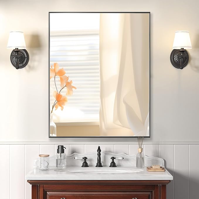 24x32 Inch Black Bathroom Mirror for Wall, Aluminum Frame Rectangle Rectangular Vanity Mirror, Modern Large for Bedroom, Living Room, Horizontal or Vertical