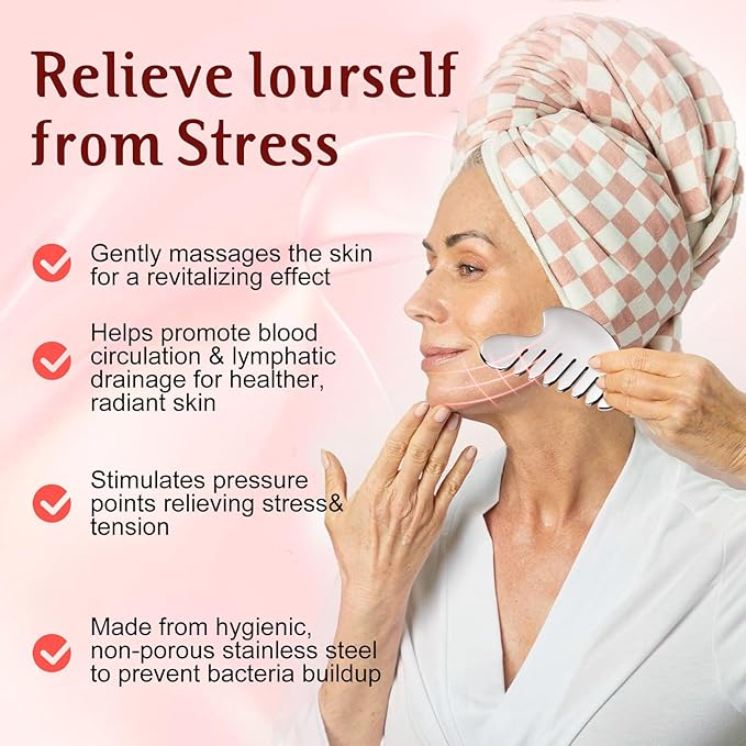 Gua Sha Facial Tool and Face Roller Set, Stainless Steel Lymphatic Drainage Massager for Face, Head, Eyes, Chin and Jaw, Lifting, Massage Scraping with Travel Pouch