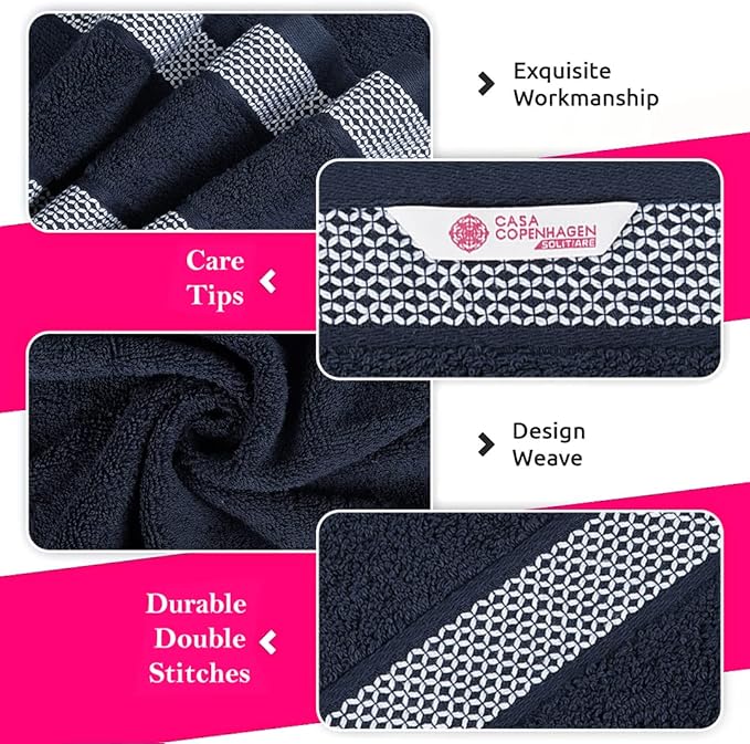 CASA COPENHAGEN Solitaire Towels, 4 Pieces Bath Towel Set- Navy, 600 GSM Designed in Denmark Made of Soft Egyptian Cotton for Bathroom, Kitchen & Shower
