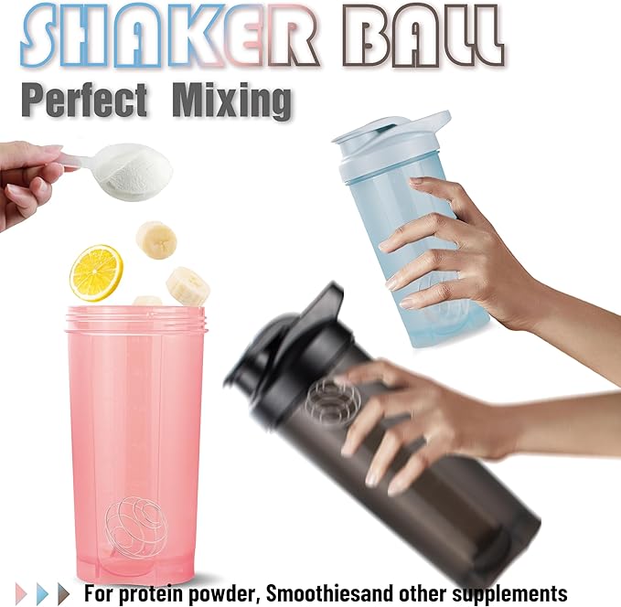 6 Pack Protein Shaker Bottles for Protein Mixes, Shaker Cups for Protein Shakes, 3 pcs 24 oz and 3 pcs 20 oz (Multicolor)