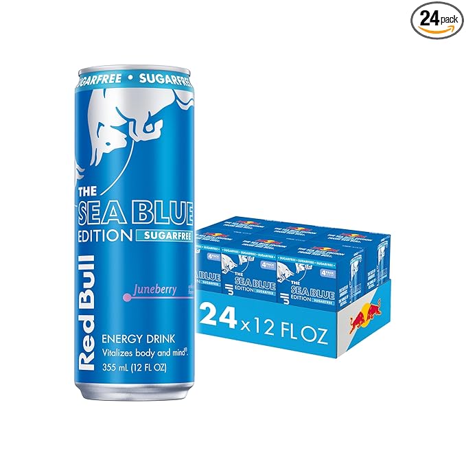 Red Bull Sea Blue Edition Sugar Free Energy Drink, Juneberry, 12 fl. oz., 6 x 4 Cans, Pack of 24 Cans, with 114mg Caffeine, Taurine & B Vitamins
