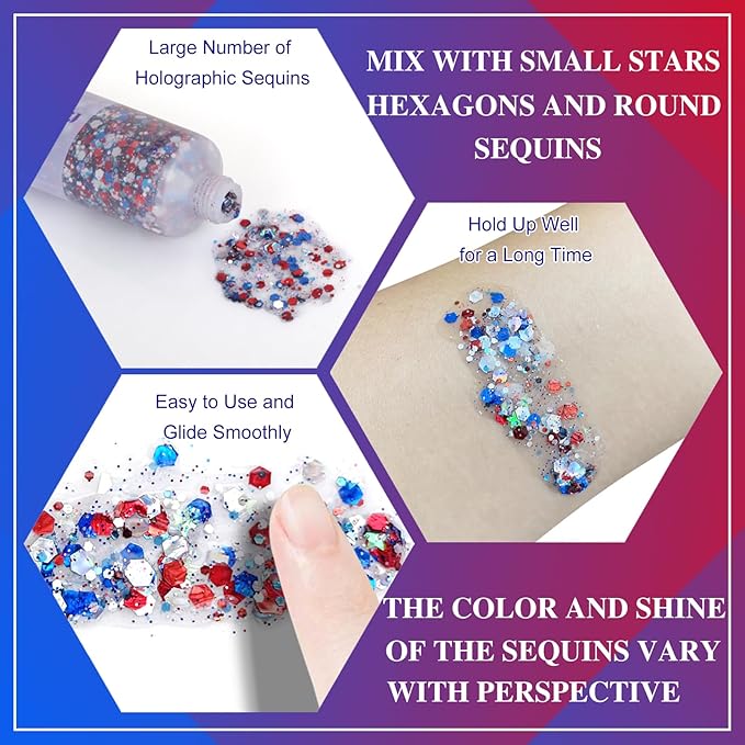 MEICOLY Red White and Blue Body Glitter,4th of July Accessories Hair Glitter for Kids,4th of July Outfits for Women,Fourth of July Patriotic Face Glitter for President's Day Veterans Day