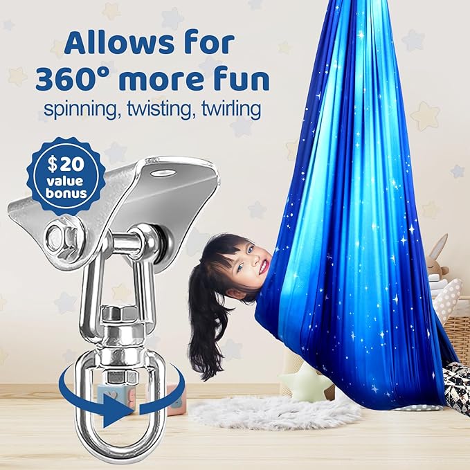 Double Layer Sensory Swing for Kids & Adults Holds up to 300lbs Indoor and Outdoor Therapy Cuddle Swing with 360° Swivel Hanger Kit Adjustable with Aspergers Autism ADHD (Star Blue)