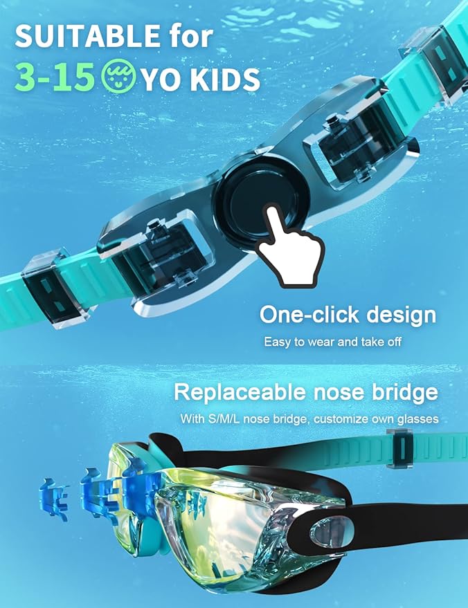 Kids Swim Goggles, Swimming Goggles for Kids with Nose Clip, Earplugs, Nose Bridge for Age 3-15