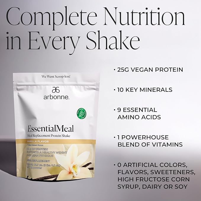 Arbonne EssentialMeal Meal Replacement Shake - Protein Shake, Vegan Protein Powder, Complete Daily Nutrition, Vanilla