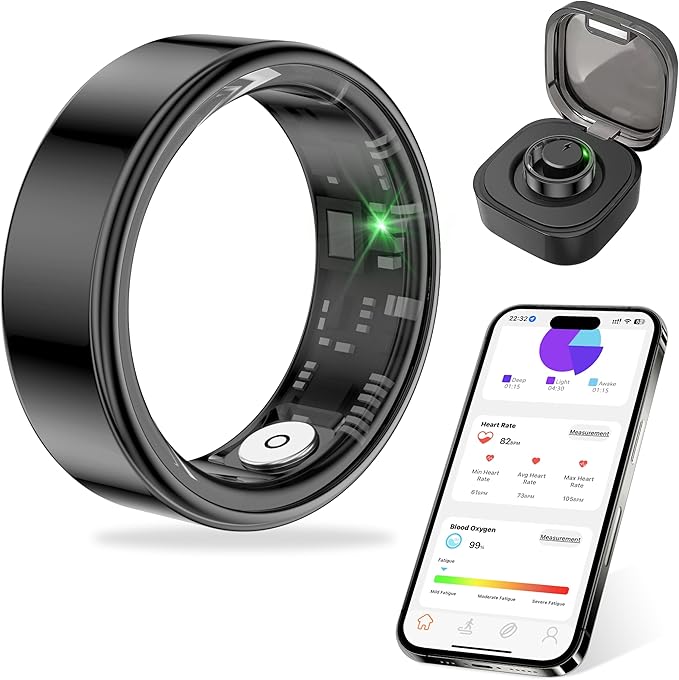 Thin Smart Ring for Fitness & Health Tracking -Pedometer,Sleep/Heart Rate/Blood Oxygen Monitor, Gesture Control / 5ATM Waterproof -No APP Subscription Compatible with Android& iOS (Black, 10)
