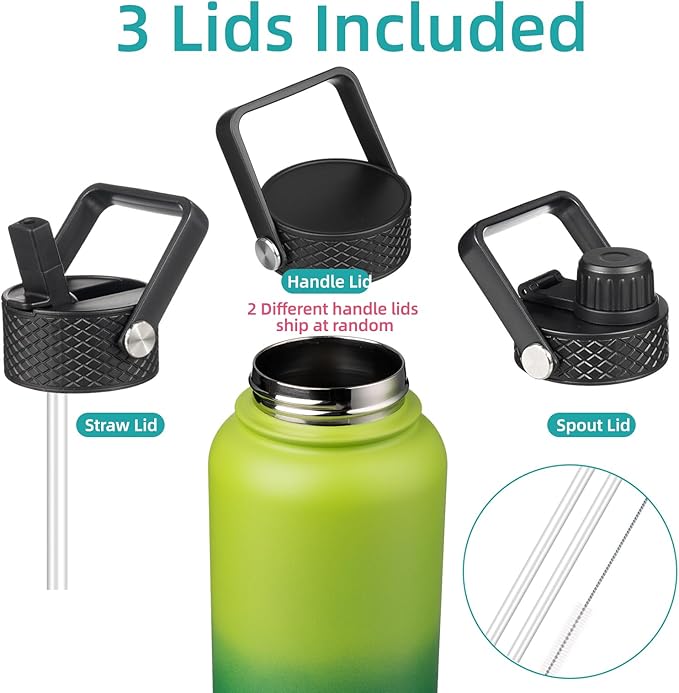 32 oz Insulated Water Bottle Stainless Steel Sport Bottles with 3 Lids,Bamboo Grove