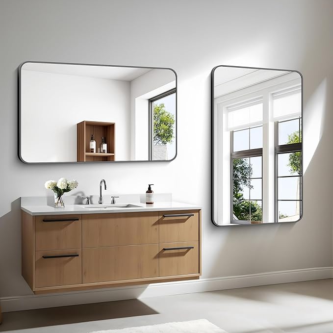 30x48 inch Bathroom Mirror,Black Rectangle Mirror,Wall Mounted Bathroom Frame Vanity Mirror with Round Corner for Bedroom Living Room, Entryway Hangs Horizontal or Vertical