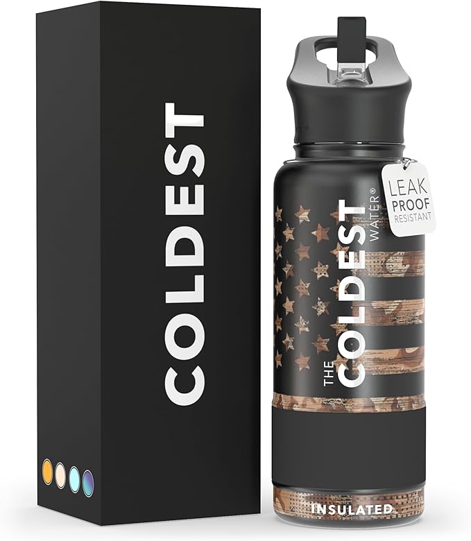 Coldest Insulated Water Bottle with Straw Lid - Stainless Steel Metal Insulated Bottle for Men & Women (Camouflage Flag, 32 oz)