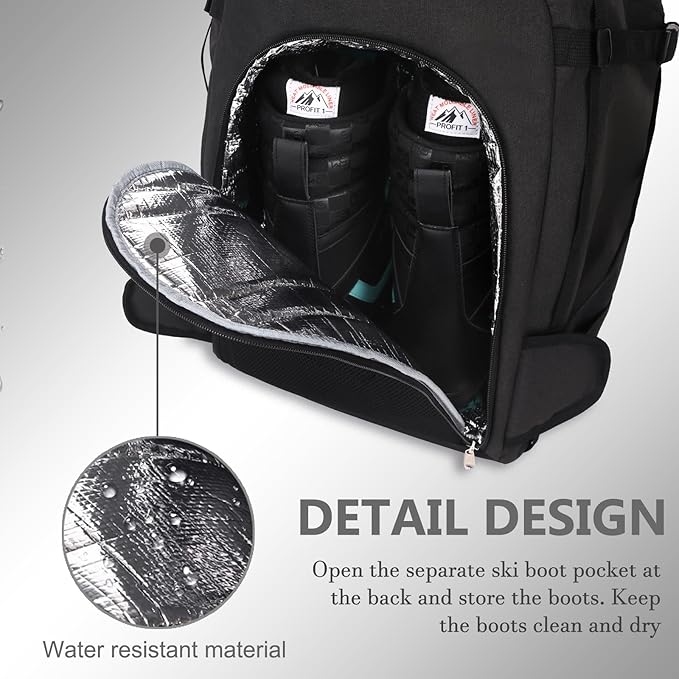 JIANYA Ski Boot Bag, 50L Waterproof Travel Backpack for Snowboard, Ski Helmet, Goggles, Gloves & Accessories, Gray