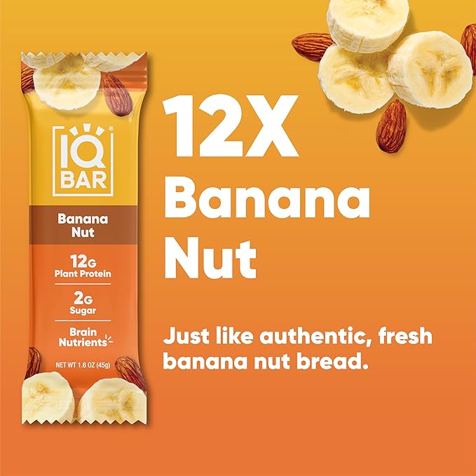 IQBAR Brain and Body Plant Protein Bars - Banana Nut - 12-Count Low Carb - Gluten Free, High Fiber, Vegan Snacks - Low Sugar Meal Replacement