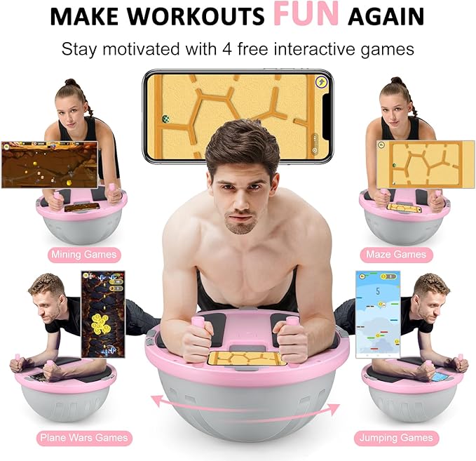 2-in-1 Balance Ball & Plank Board Trainer with App & 4 Interactive Games, Half Exercise Ball for Pilates & Yoga, Core Strength Training, Home Gym Workout, with 2 Resistance Bands & Pump