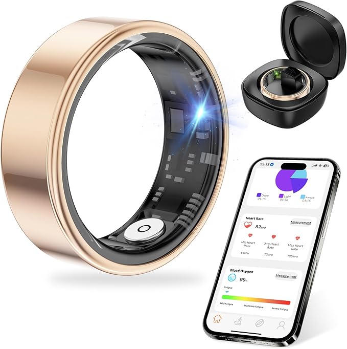 Thin Smart Ring for Fitness & Health Tracking -Heart Rate/Blood Oxygen Monitor, 5ATM Waterproof, Sleep Analysis, Pedometer -No APP Subscription Compatible with Smartphone (Rose Gold, 11)