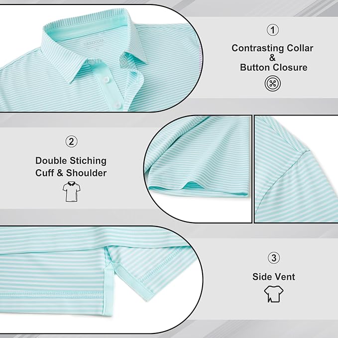 Golf Shirts for Men - Moisture Wicking Short Sleeve Performance Sport Casual Striped Collared Mens Polo Shirt