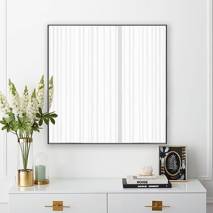 30x30 Inch Black Bathroom Mirror for Wall, Aluminum Frame Rectangle Rectangular Vanity Mirror, Modern Large for Bedroom, Living Room, Horizontal or Vertical