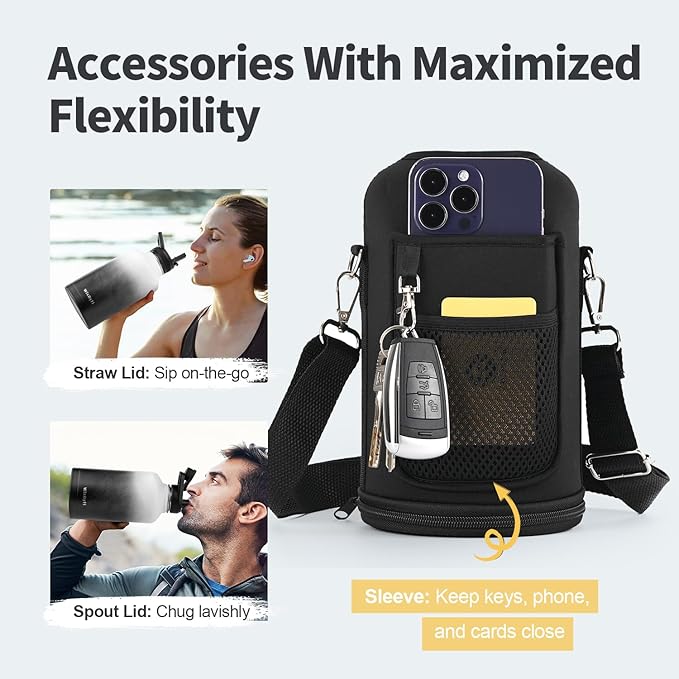 64 oz Insulated Water Bottle with Straw (Cold for 48 Hrs), Half Gallon Stainless Steel Triple Wall Vacuum Sports Water Jug, Leakproof Hydro Cup Flask with Straw Spout Lids & DIY Stickers