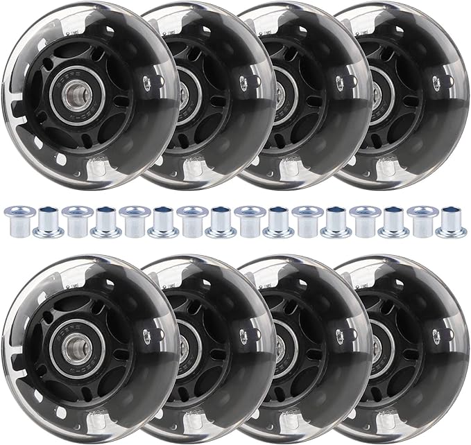 8pcs Inline Skate Wheels Led Light-Up Wheels 64/70/72/76/80mm w/Bushings 85-88A for Kids and Youth Beginners Children's Inline Skates Indoor/Outdoor Use (Black, 70mm)
