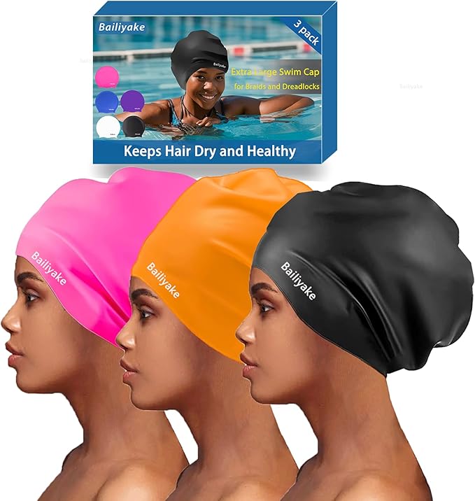 3 Pack Extra Large Swim Cap for Braids & Dreadlocks - Waterproof Silicone Swim Hat for Women with Long Thick Hair, Protective Swim Cap Cover Ears for Swimming, Shower, Bathing