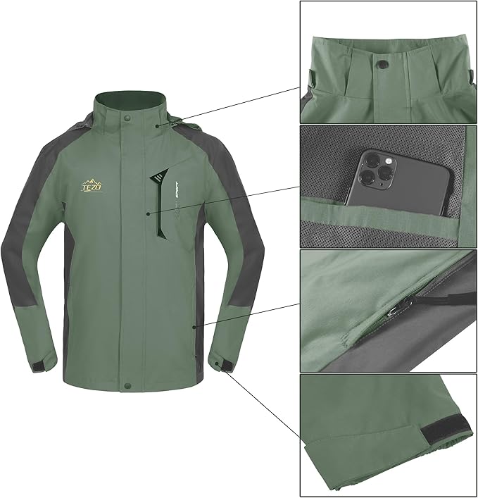 TEZO Mens Rain Jacket Waterproof with Hooded Hiking Coat Lightweight Windbreaker