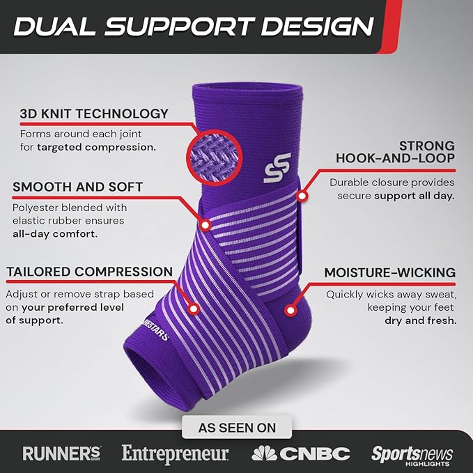 Sleeve Stars Ankle Brace for Women & Men, Ankle Wrap for Sprain, Compression Sleeve for Plantar Fasciitis Relief, Easy Customizable Support: w/ Removable Strap (Pair/M:10"-12"/Dark Purple)