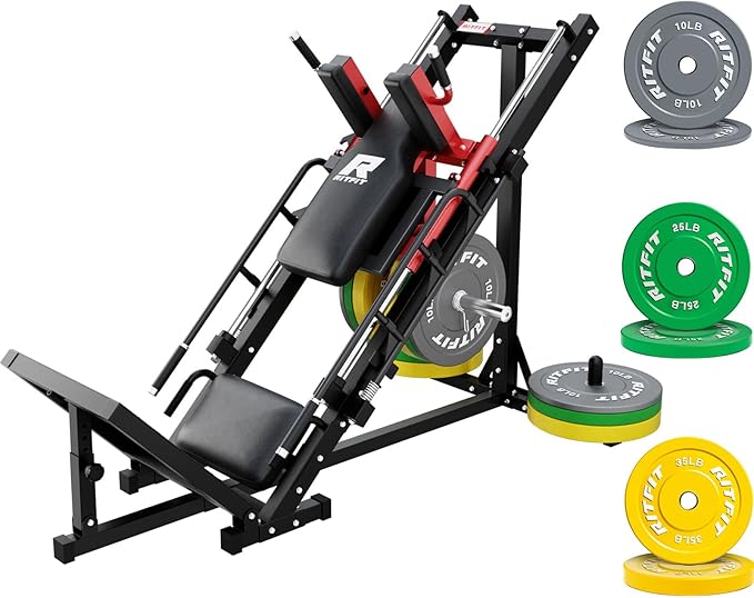 RitFit Adjustable Leg Press and Hack Squat Machine with Weight Plate Set, Professional Home Gym Equipment with Linear Bearings, Specialized for Complete Lower Body Workouts and Weight Storage Posts
